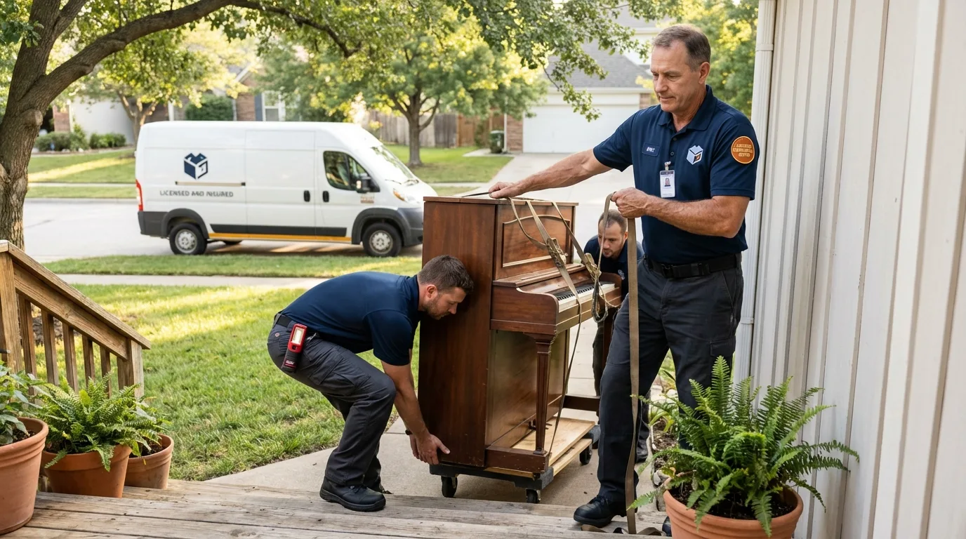 Licensed piano movers securing grand piano in North Beach, MD