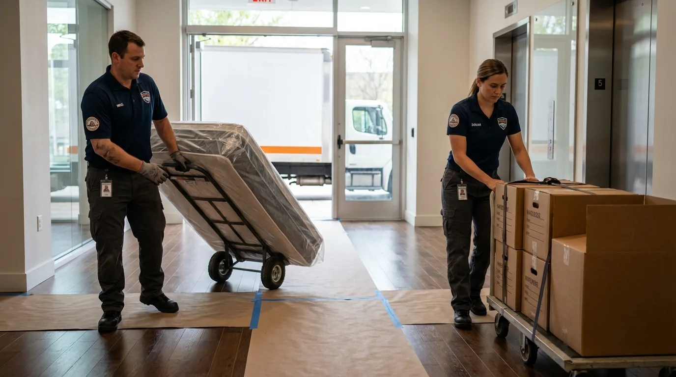 Professional apartment movers loading elevator in North Beach, MD