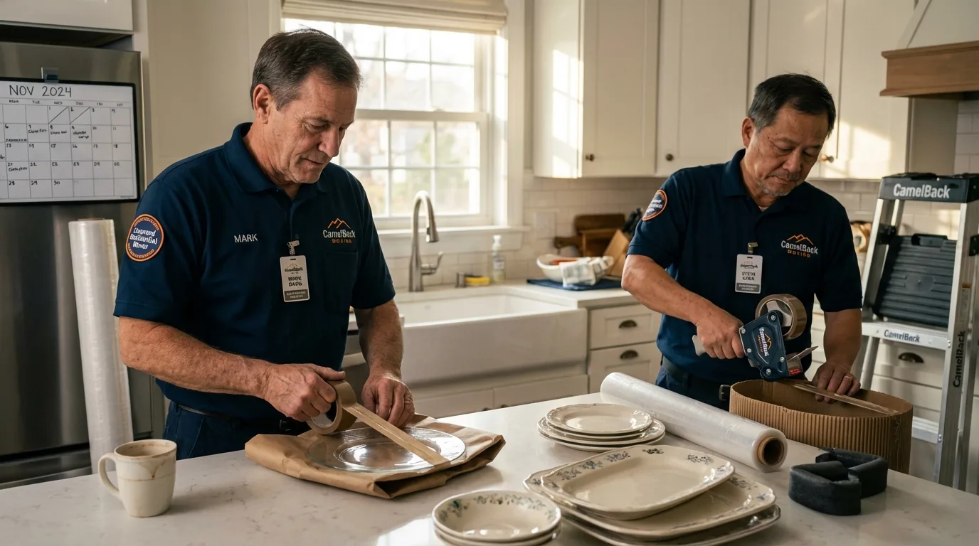 Professional crew packing kitchen dishware in North Beach, MD